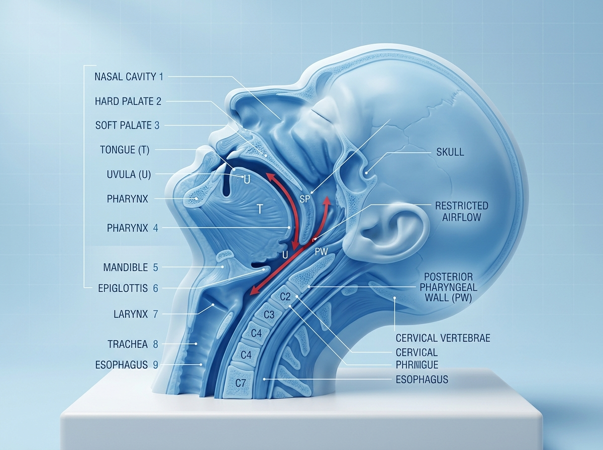 Medical cross-section diagram showing airway collapse during sleep
