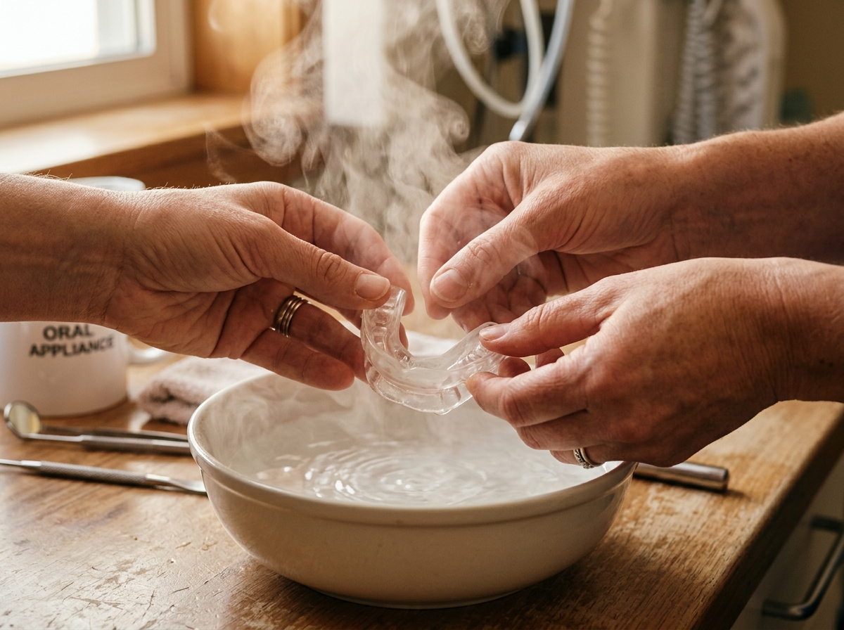 Hands fitting mouthpiece in hot water for boil-and-bite custom impression