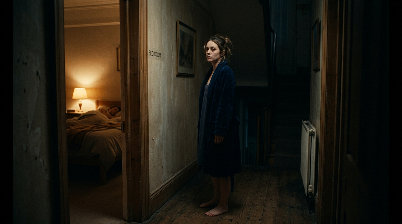 Woman in bathrobe looking back toward warm-lit bedroom at 3am