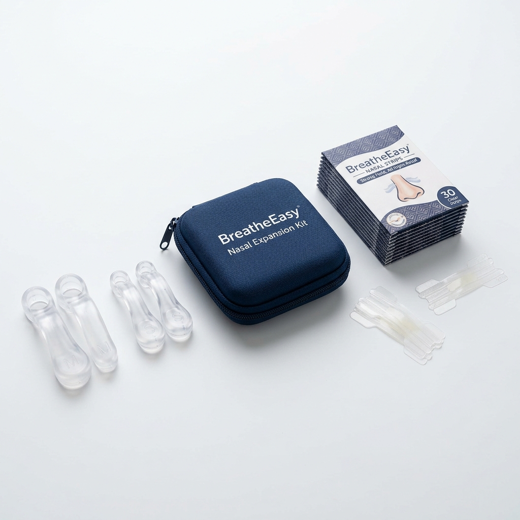 BreatheEasy Nasal Expansion Kit with silicone dilators, adhesive strips, and travel case